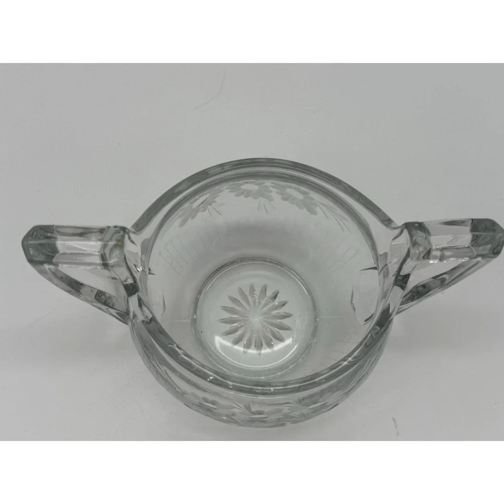 Vintage‎ Heisey Crystal Glass Open Sugar Bowl Etched Floral Design 1930's